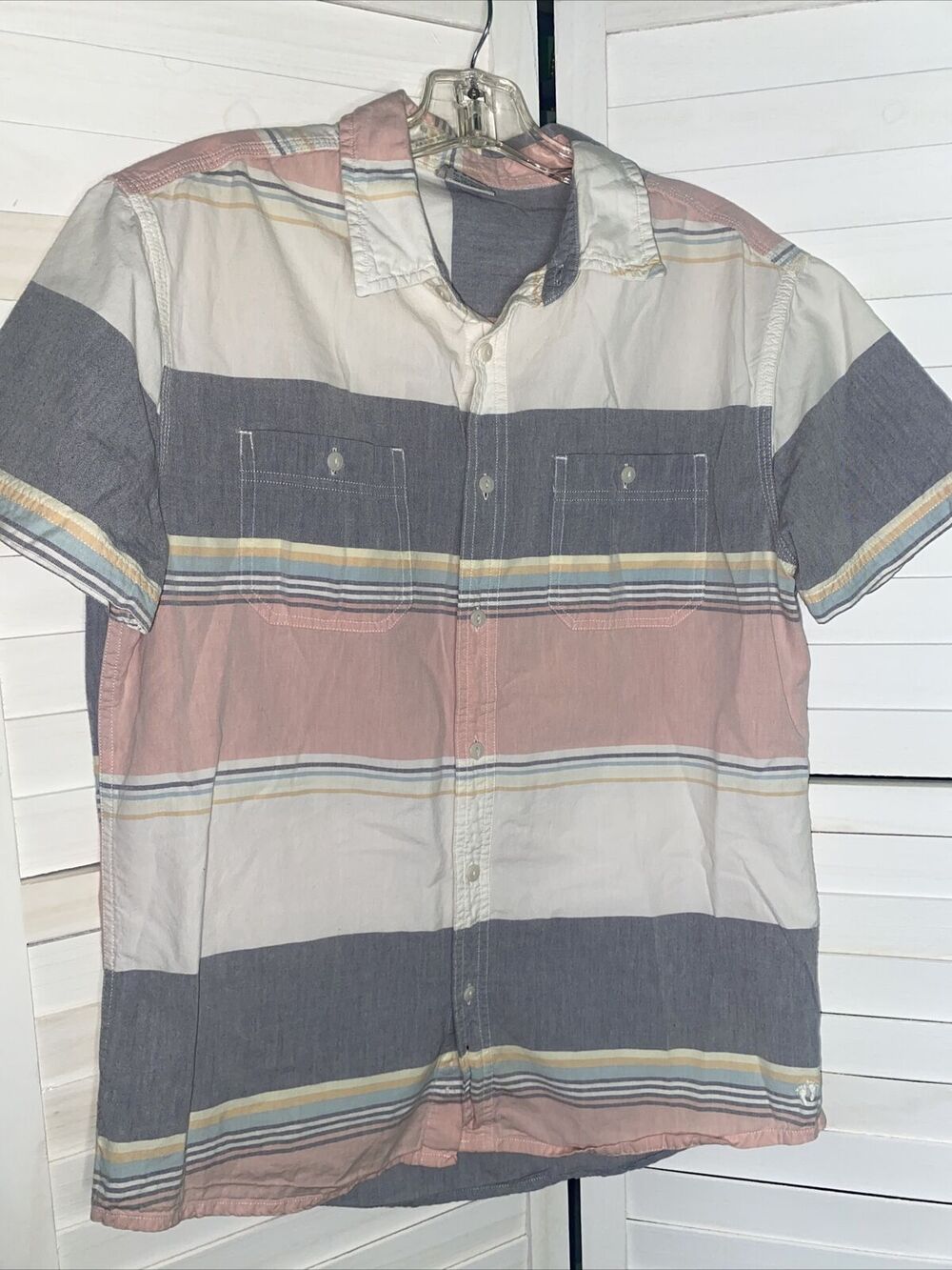 Vintage HANG TEN Color Block Cotton Print Short Sleeve Button Down Medium Pastel